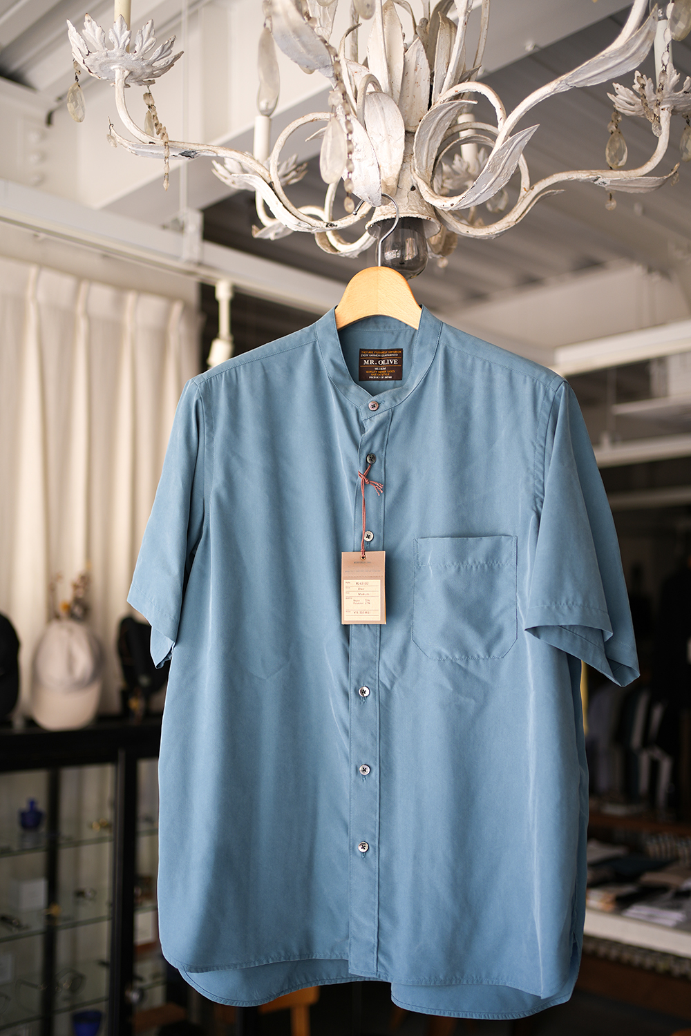 T/R POWDER CLOTH / BAND COLLAR S/S SHIRT