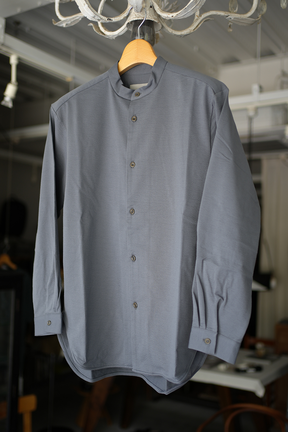 SHADOW STRIPE BAND COLLAR SHIRT